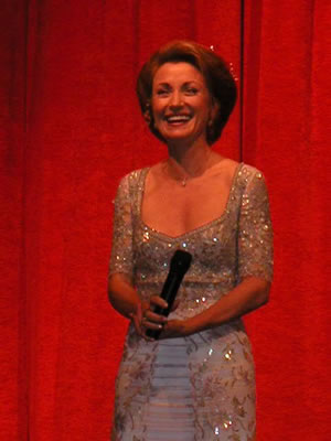 Jane Seymour laughs as she speaks before attendees of the Somewhere in Time weekend